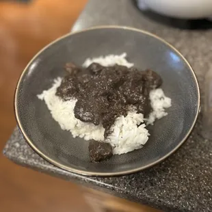 Dinuguan in white rice. Bought at Tindahang Pinoy. ANG SARAP! (Delicious!)