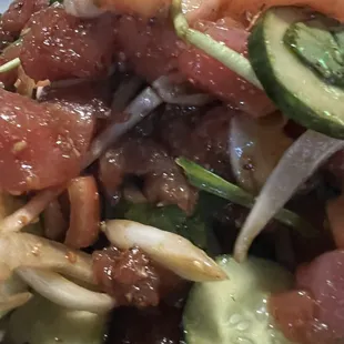 Large Poke- shoyu poke with onion, cucumber, tomato, and spinach