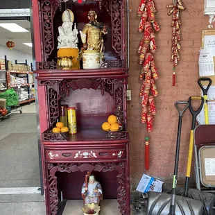 a shelf with various items