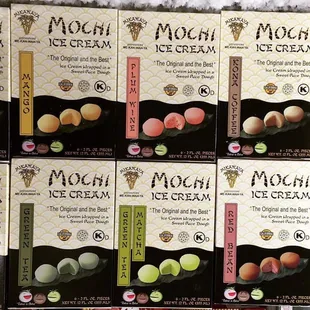 10 favors of the mochi black sesame, strawberry, matcha, green tea, plum wine, chocolate, vanilla, mango, red bean, and koda coffee.