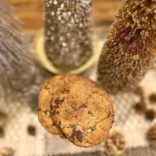 a chocolate chip cookie on a table