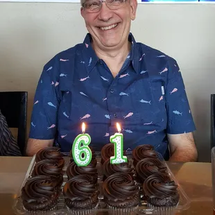 Wonderful chocolate cupcakes for my husband&apos;s birthday.  Best Western had Tinnie Cakes for an open house.  Chai tea cupcakes plus.