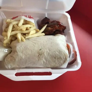 a burrito and french fries