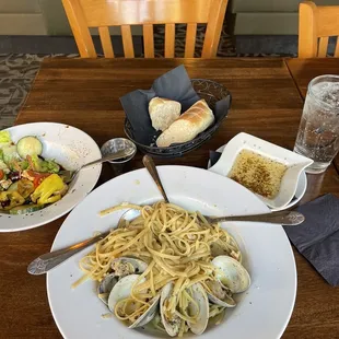 Linguine Clams with Lemon wine sauce, Greek salad..