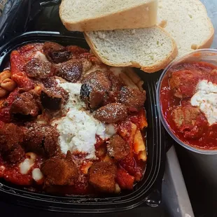 Eggplant bites with cavatelli and a side of meatballs with Ricotta