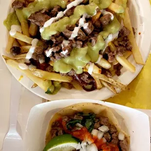Carne asada fries and carne asada taco