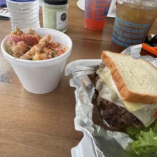 a burger and a salad