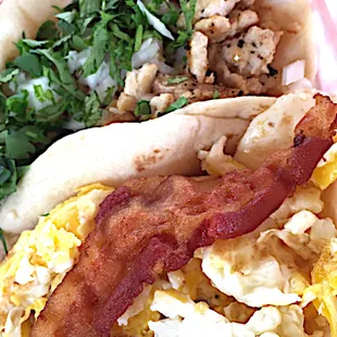 The chicken fajita &amp; a very good bacon &amp; egg taco. Exactly $4.50 for both. Mr Tino's hot sauce is not to be trifled with either.