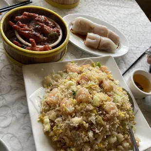 Fried rice, Steamed Chicken Feet in Black Bean Sauce and Rice Noodle Roll Stuffed with Chinese Donut