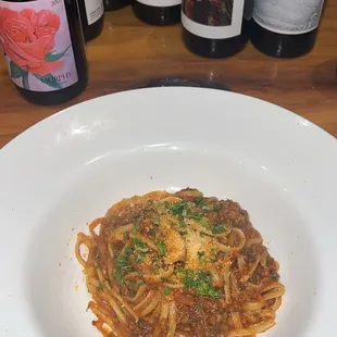 Linguine Bolognese served with Parmesan