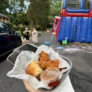 3 pc &amp; biscuit with maple bourbon buffalo sauce (at our neighborhood block party)