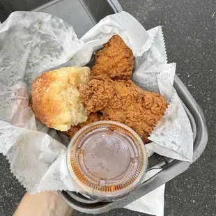 3 pc &amp; biscuit with maple bourbon buffalo sauce