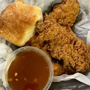 3 pc &amp; biscuit with maple bourbon buffalo sauce