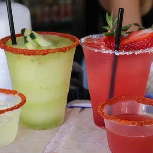 Cucumber Margarita, Strawberry Margarita, Mexican candy shot, kamikaze shot.