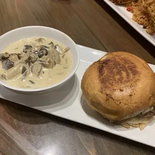 Smash burger and cream of mushroom soup
