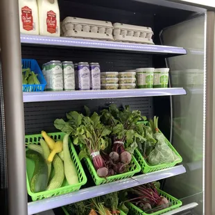 Coffee shop with local sodas &amp; kombucha, plus honey, teas, eggs, dairy, flour, meat, veggies and more