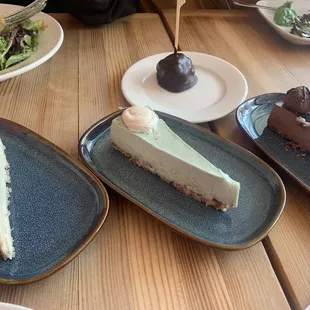 Cheese cakes (1 not as good to 10 being good) far left: Pear ginger, 4 Middle: key lime, 8 Right: chocolate cookie, 7 Behind: cake pop, 6