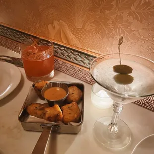 Servando's Palomarita, dirty martini, Tater Tots