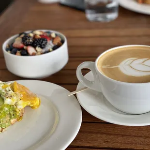 Lavender latte, part of avocado toast and Chia seeds pudding