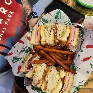 Club sandwich and sweet potato fries