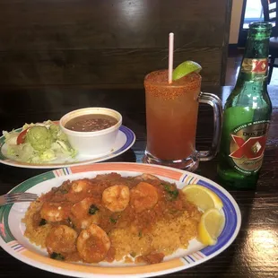 Shrimp Acapulco and red beer