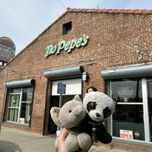 a person holding two stuffed animals