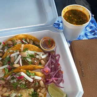 Birria Tacos comes with broth to dip taco into