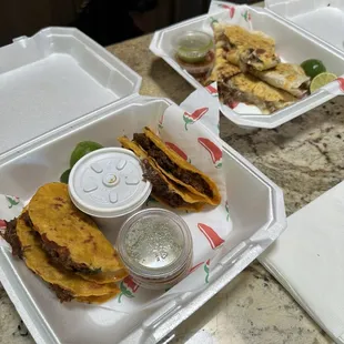 Birria tacos and quesadillas