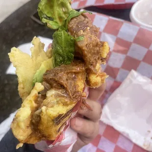 a person holding a sandwich