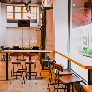 High top seating along the the N street side of the taproom to look outside.