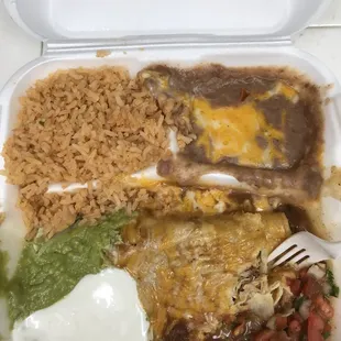 #15 Combo to go Chicken taco, enchilada (I added chicken) comes with rice &amp; beans.