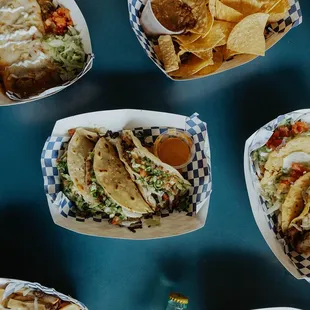 Chips and Salsa 
Grilled tacos 
Green chili burrito 
Chili cheese fries w/ Carne Asada