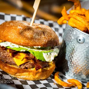 Cheese Burger Add Bacon &amp; Avocado w/ Curly Fries