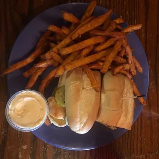 Salmon Sandwich w/sweet potato fries