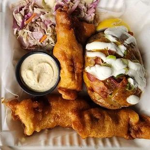 Beer battered cod fry and loaded baked potato