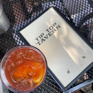 Brandy Old Fashioned and menu.