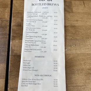 a menu for bottled brews
