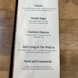 a menu for a drink
