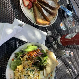 My daughter has the French toast with fruit. I had the scramble of the day with mixed greens and sourdough. 10/10 recommend!