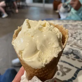 Vanilla ice cream in a waffle cone