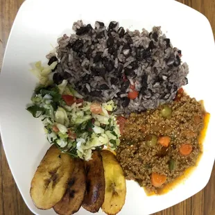 Picadillo + rice w/ beans, sweet plantain and cabbage slaw