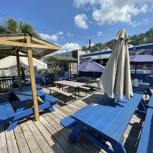 blue picnic tables and umbrellas