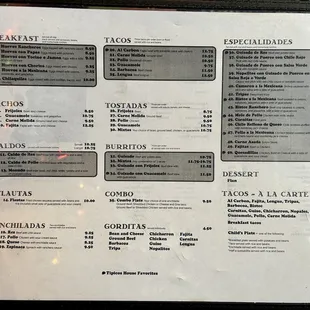 Menu - large guacamole, two cheese enchilada dinners, chiles toreados, four Miller Lites - $41.