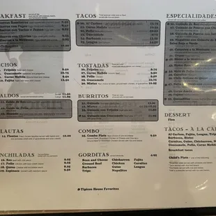 Breakfast Menu, Tacos, Soups, Flautas, Enchiladas, Burritos, Gorditas, Especialidades