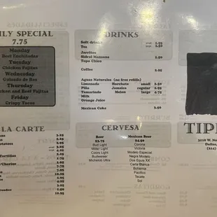 Daily Specials, Drinks, and extras