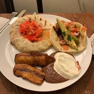 Pork (Taco de Puerco), Platanos Fritos, Beans &amp; Cheese (Frijoles &amp; Queso)