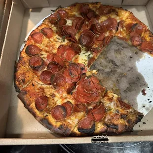 a half eaten pepperoni pizza