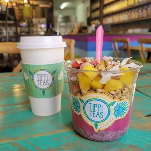 a cup of tea and a cup of yogurt