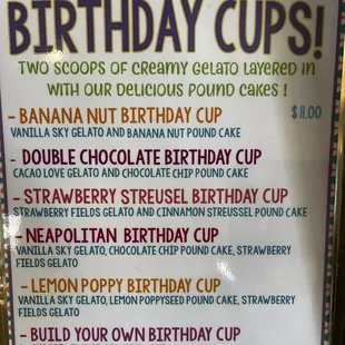 Birthday Cups Menu - Pound cake and Gelato YUM!