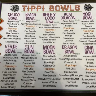 Acai Bowls Menu